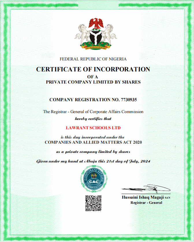 LAWRANT Schools certificate of incorporation